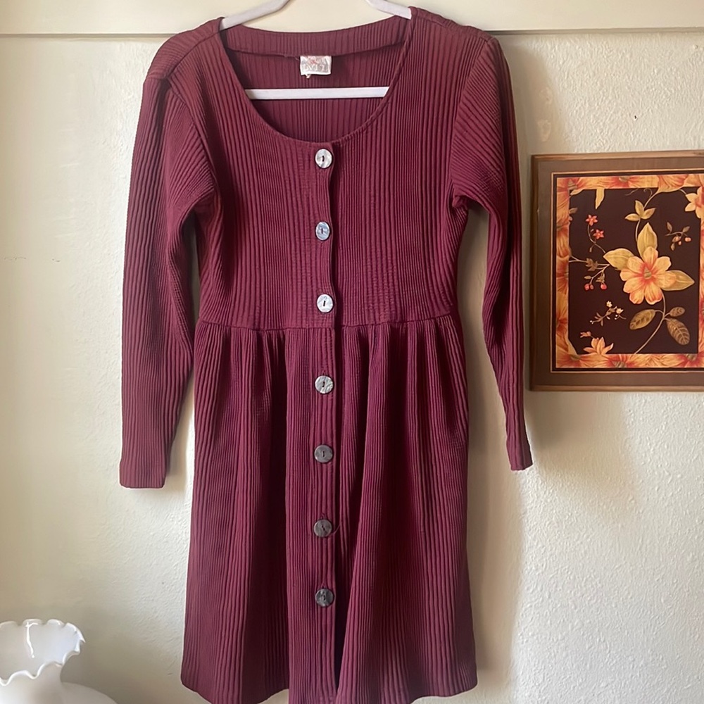 Vintage Moda Int’l red waffle knit button down mini dress with long sleeves